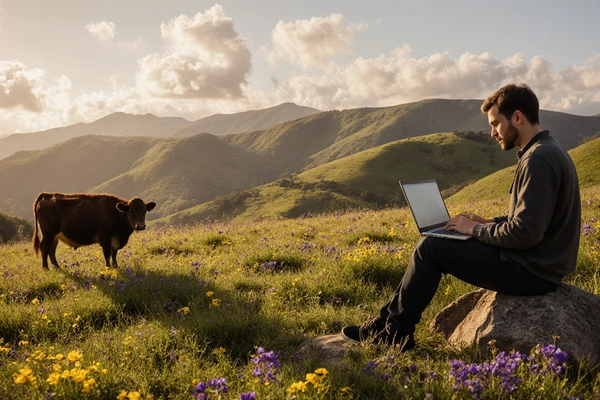 Homme assis sur un rocher avec un ordinateur portable. L'image met en valeur le lien entre la nature et la technologie.