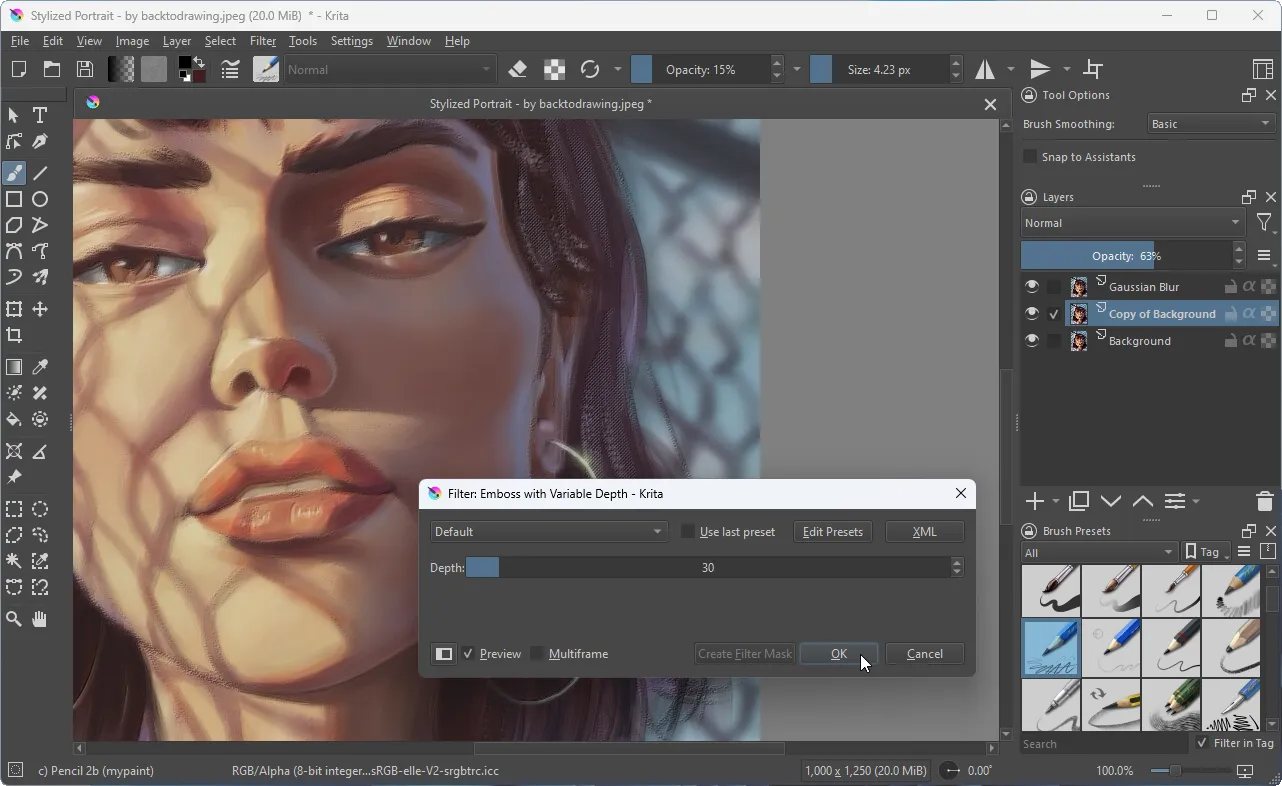 Capture d'écran de l'interface du logiciel de dessin Krita.