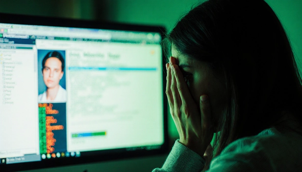 Personne protégeant son visage devant un ordinateur, symbolisant la protection des données personnelles.