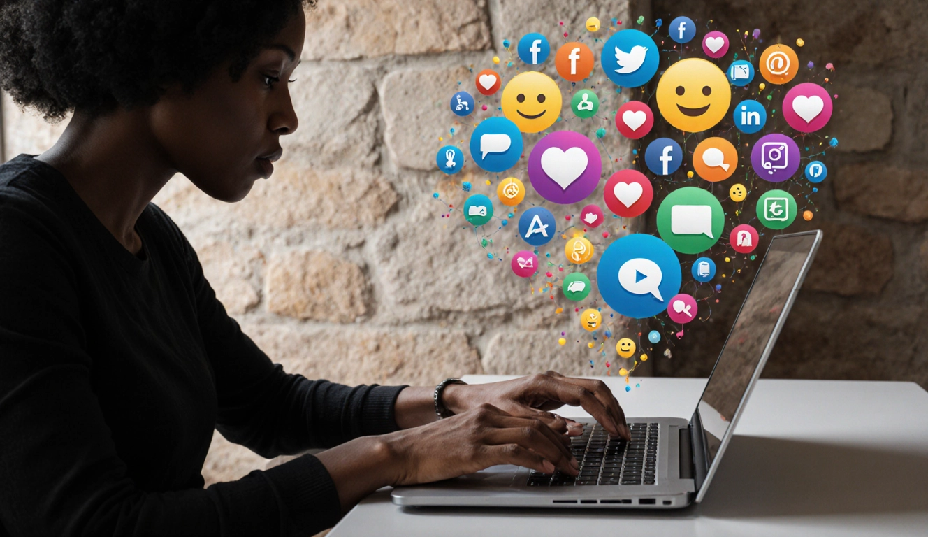 Femme assise devant un ordinateur portable gris, absorbée par sa tâche. Au-dessus de l'ordinateur, une explosion de symboles colorés représentant la connectivité et les interactions numériques.