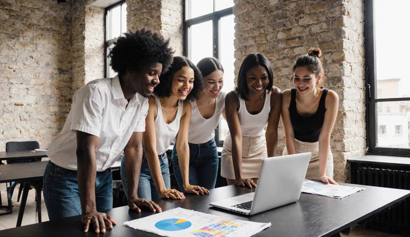 Cinq personnes discutent avec enthousiasme autour d'un ordinateur portable pendant une formation de web design.