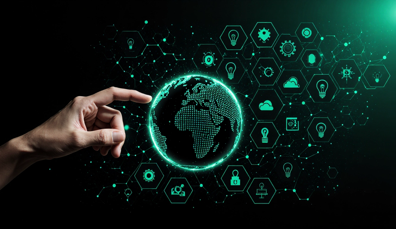 Une main interagit avec une mosaïque hexagonale d'icônes symbolisant l'Industrie 4.0. L'arrière-plan est vert, lumineux et technologiquement avancé.