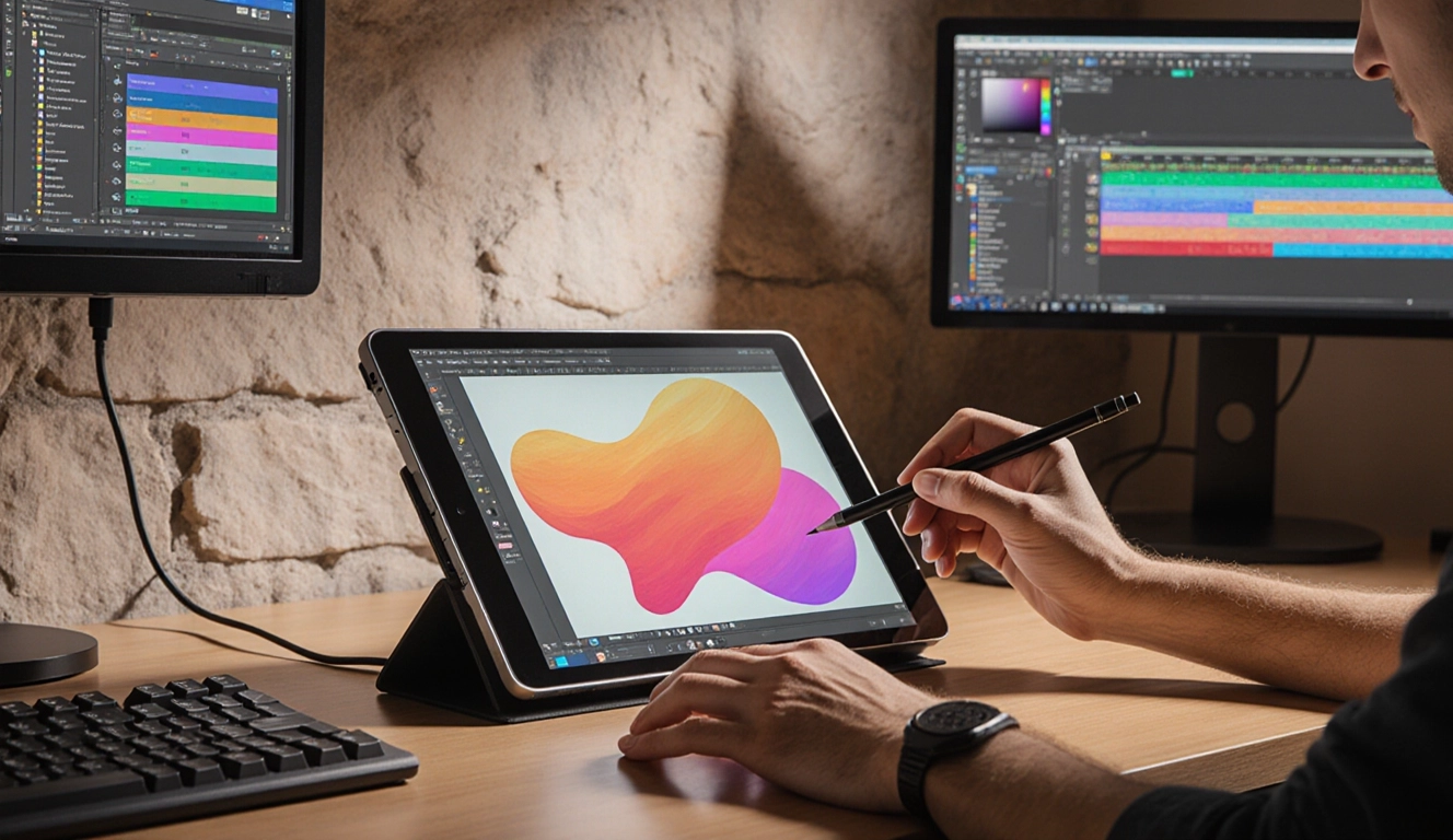 espace de travail bien éclairé où l'on voit un infographiste à l'œuvre une main tenant un stylet qui plane au-dessus d'une tablette.