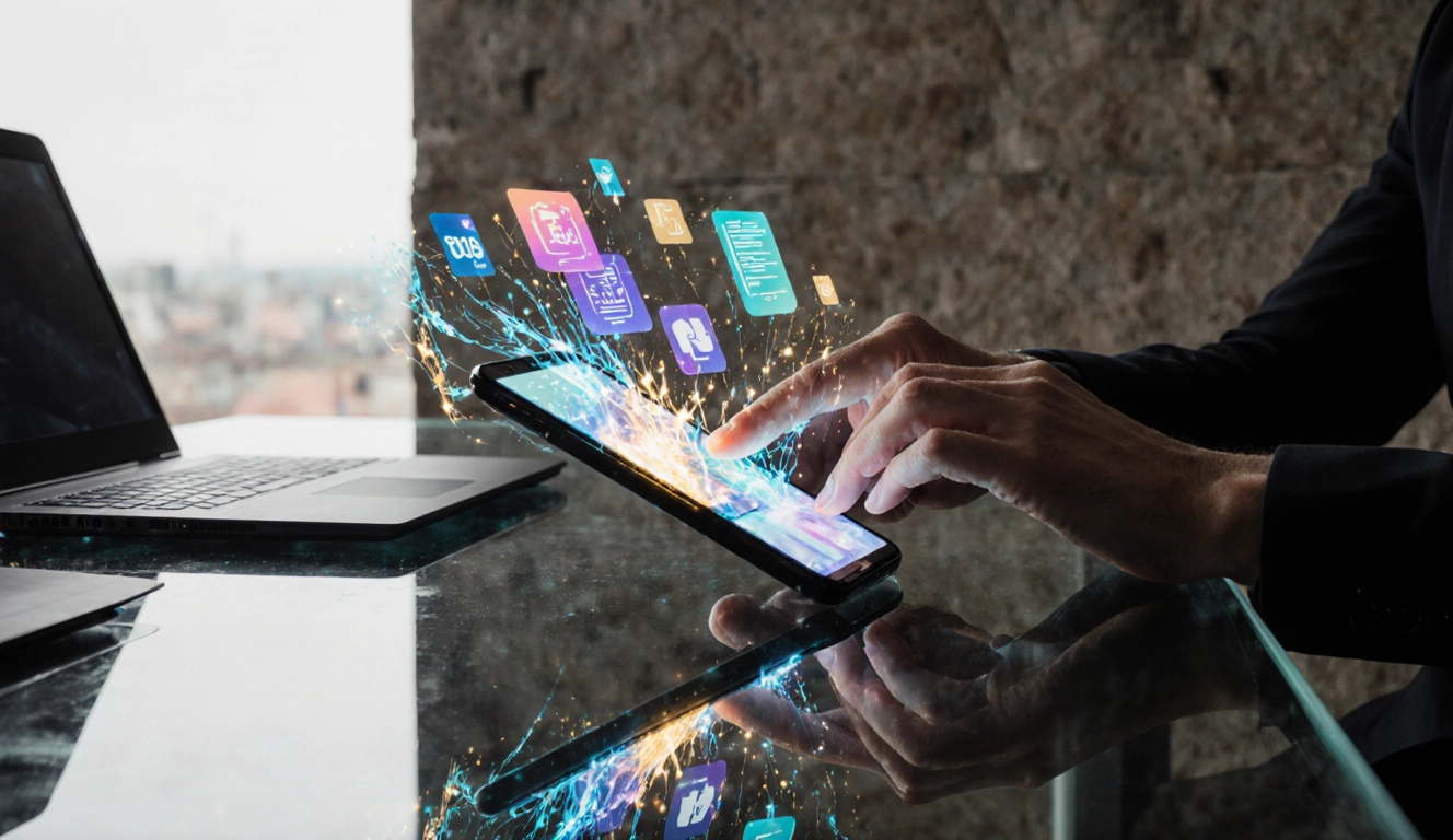 Une personne utilise un smartphone sur une table en verre translucide. Sur l'écran du smartphone, des graphiques de données numériques en couleurs vives apparaissent.
